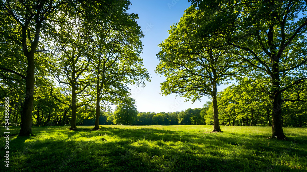 Fototapeta premium Lush Green Trees in a Sunny Field with Blue Sky Background and Bright Sunlight Lighting