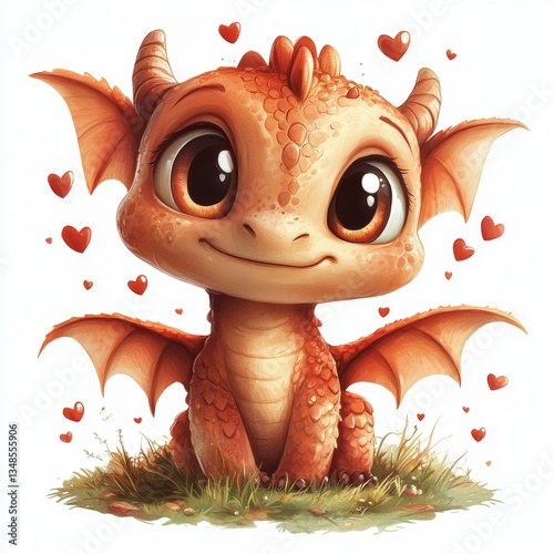 Cute dragon illustration features an orange creature sitting in the grass surrounded by hearts on a white background