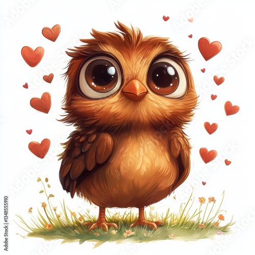 Cute owl illustration with big eyes stands surrounded by hearts and small flowers on a white background