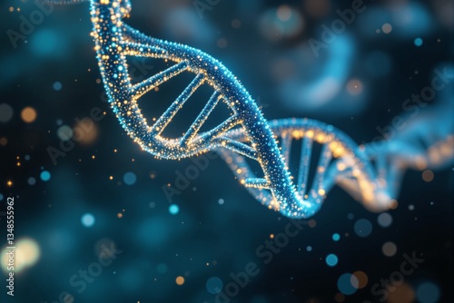 Glowing DNA helix with blue and gold particles.