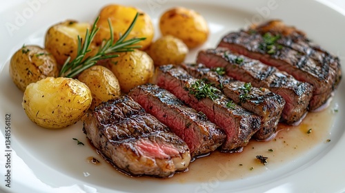 A delicious steak dinner with roasted potatoes is presented nicely