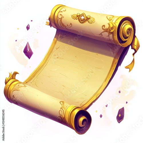 Golden scroll illustration displays parchment paper and ornate details with floating gems on a white background