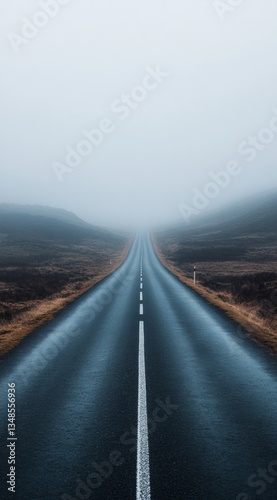 Asphalt road landscape features fog and painted lines with roadside nature under a cloudy sky