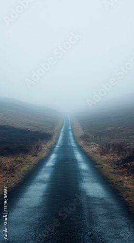 Foggy road landscape illustrates heavy mist and empty highway with overcast skies in a minimalist scene