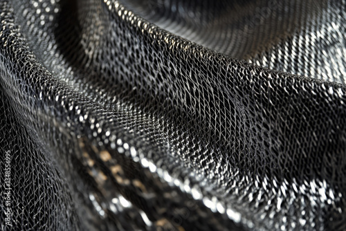 A futuristic metallic mesh fabric texture background in gunmetal silver. The fine, interwoven structure reflects light dynamically, creating a high-tech aesthetic for performance gear, industrial