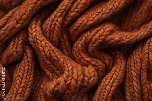 A warm, knitted wool fabric texture background in burnt sienna. The detailed stitches and slight fuzziness create a cozy, autumnal atmosphere, perfect for handmade sweaters, blankets, and rustic