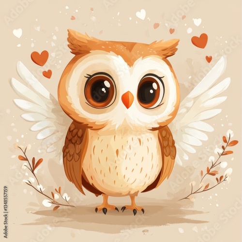 Cartoon owl illustration features cute wings and big eyes with hearts in a soft pastel background