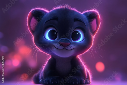 Cartoon animal kitten displays blue eyes and black fur on a blurred background with pink highlights