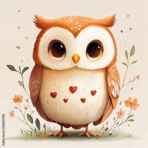 Cartoon owl illustration displays big eyes and hearts while standing among flowers on a light background