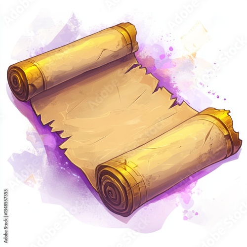 Antique scroll parchment illustration depicts rolled paper and golden accents with purple watercolor background