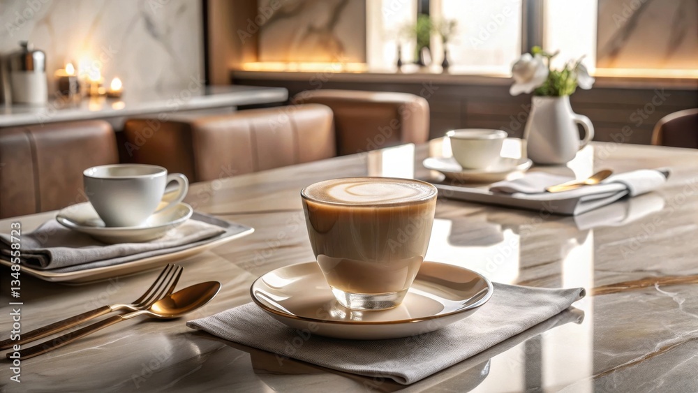 Warm Latte Art on a Polished Tabletop, Surrounded by Elegant Table Setting and Soft Light Warm Latte Art on a Polished Tabletop, Surrounded by Elegant Table Setting and Soft Light