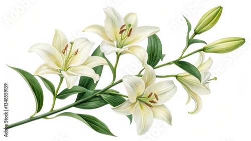 A detailed botanical illustration of white lily flowers with green leaves and buds, showcasing delicate petals and natural beauty, isolated on white.