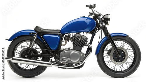 A beautifully restored classic blue vintage motorcycle with chrome accents, black leather seat, and a retro design, isolated on a white background. photo