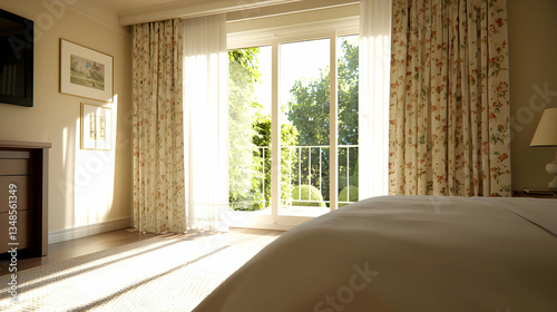 Bright Bedroom Interior With Floral Curtains And Large Window Overlooking Green Nature With Daylight