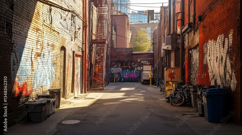 Obraz premium A narrow urban alleyway features brick walls and colorful graffiti art