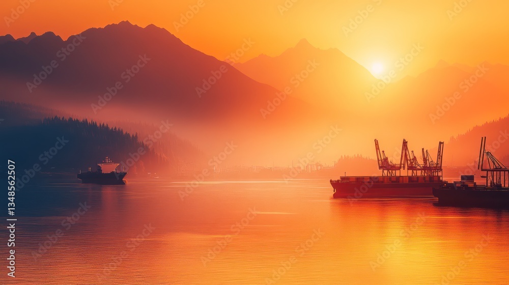 Obraz premium Sunrise over cargo ships and mountains