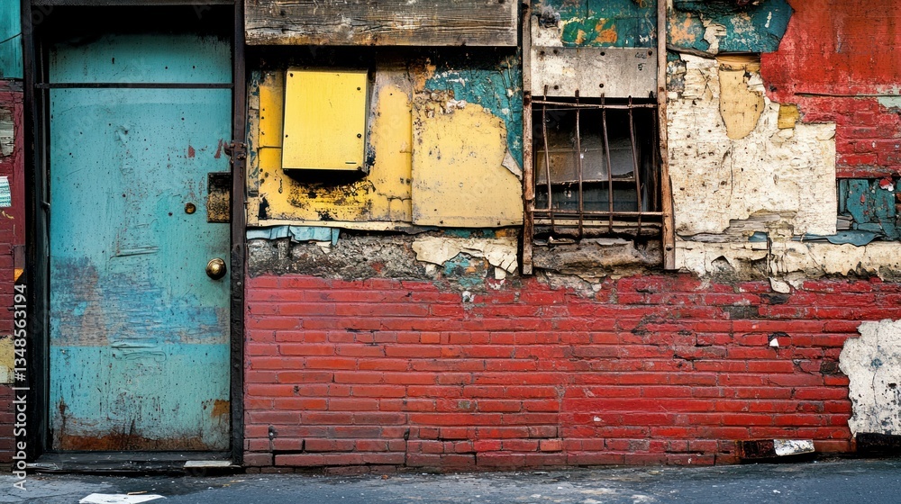 Naklejka premium A weathered and colorful facade presents rustic architectural details