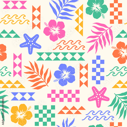 Colorful hibiscus, palm leaf, starfish, wave and geometric elements seamless pattern design summer holidays background.