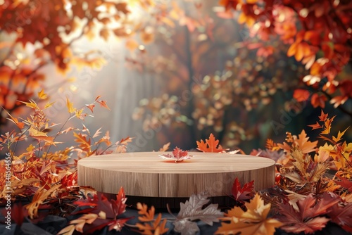 Ultra Quality Image of Natural Wood Podium with Autumnal Foliage for Product Display