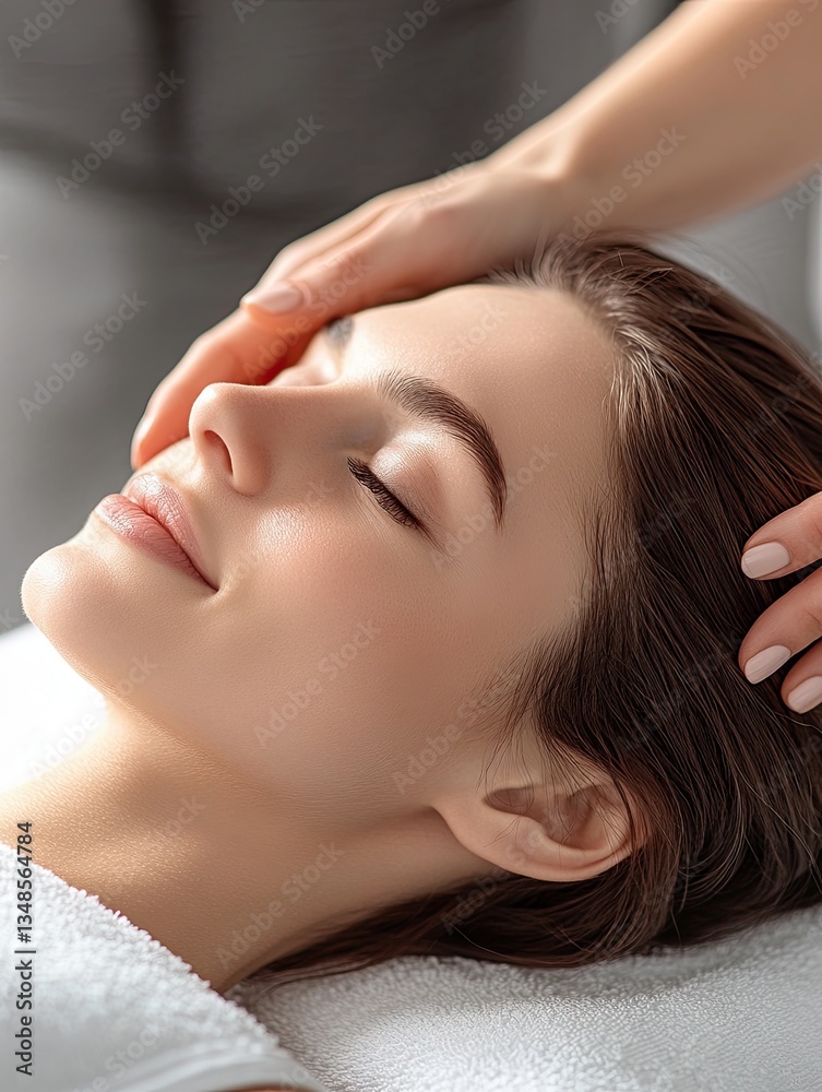 Fototapeta premium A masseur's hands massage a relaxed woman's face as she undergoes relaxation therapy in a brand new luxury spa.