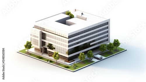 A modern office building nestled in a green urban landscape, showcasing sleek architecture and clean lines with a bright, airy feel.