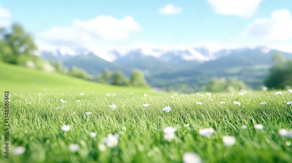 Fototapeta premium Lush green meadow, wildflowers, mountain backdrop
