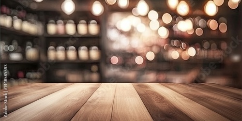 Empty wooden table with blurred bokeh effect of spa salon as background