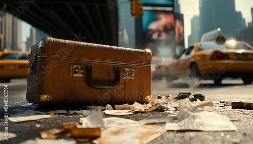 A vintage suitcase lies open on a city street, scattered papers surrounding it, suggesting a hasty departure or abandoned belongings