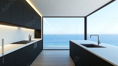 Modern kitchen with sleek black cabinets and island, ocean view, and contemporary design