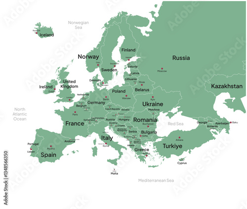 Europe vector map. Green Europe vector map with country names, border, and capital city names.