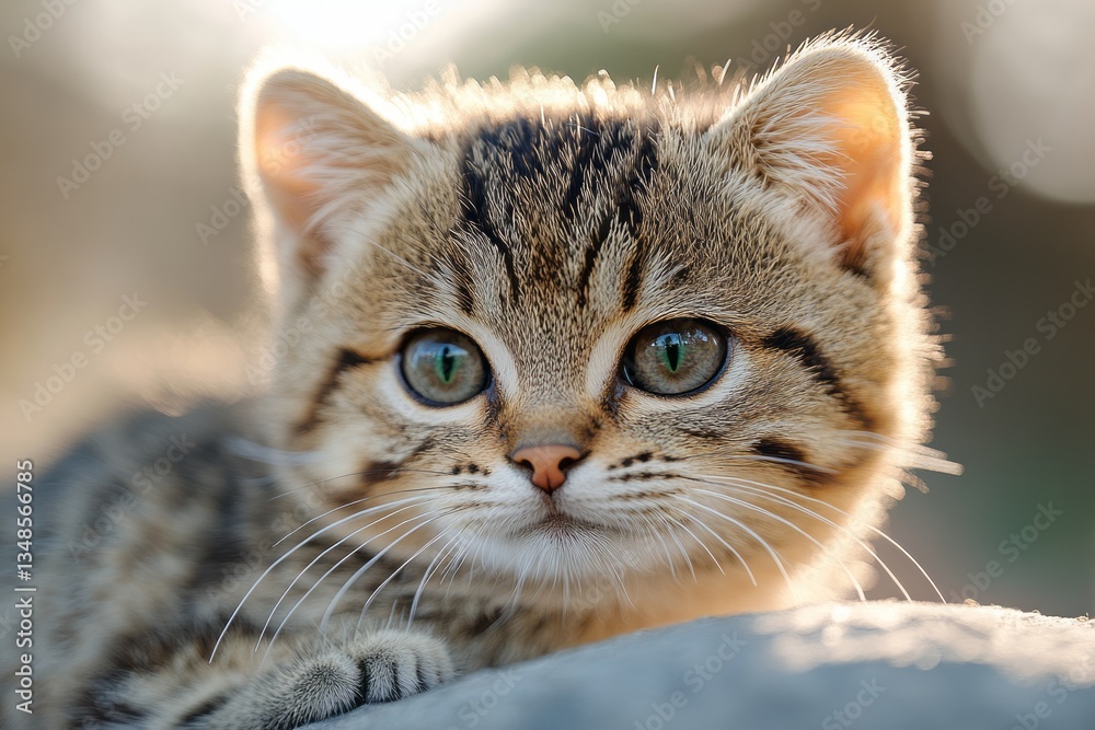 Brown tabby kitten stares intensely with captivating green eyes Brown tabby kitten stares intensely with captivating green eyes