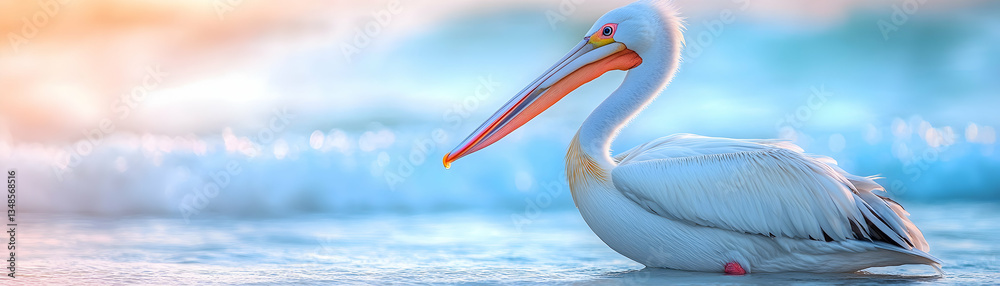 Serene Pelican at Dawn, Rests Gracefully by Ocean Waves Serene Pelican at Dawn, Rests Gracefully by Ocean Waves
