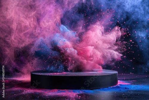 Premium Quality Visual of Black Podium with Powder Explosion for Cosmetics or Product Display