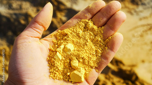 Hand holds uranium yellowcake in outdoor setting Generative AI