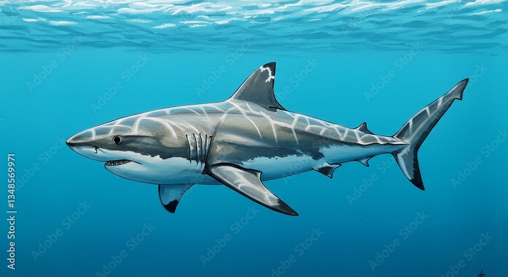 Fototapeta premium Majestic Great White Shark Underwater Painting Ocean Wildlife Art Marine Life Illustration