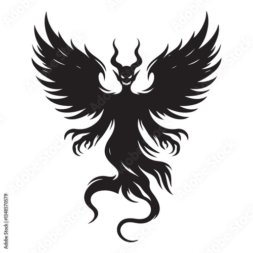 Sinister Demon Silhouette with Wings and Horns Fantasy Creature Illustration
