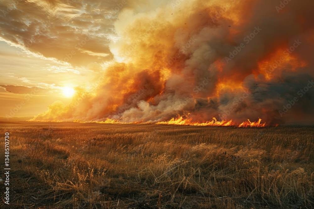 Ultra Hd Visual of Dramatic Wildfire in a Golden Prairie at Sunset with Smoke and Flames Ultra Hd Visual of Dramatic Wildfire in a Golden Prairie at Sunset with Smoke and Flames