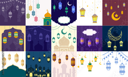 Ramadan hanging decoration vector illustration set