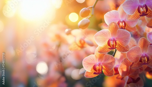 floral nature background with pink and orange colors orchid flowers at sunshine bokeh