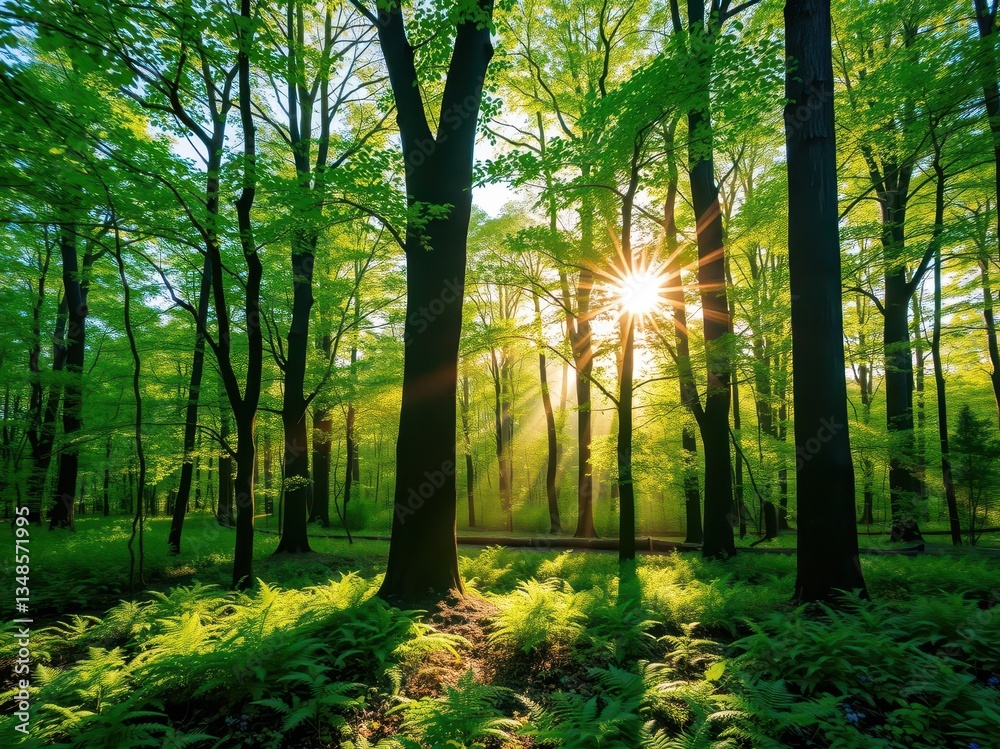 Obraz premium Sunrise in a Lush Green Forest