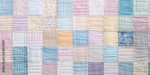 A handcrafted patchwork quilt fabric texture background in multicolor pastels. The detailed, stitched squares create a warm, vintage aesthetic, perfect for cozy home decor and nostalgic fashion.