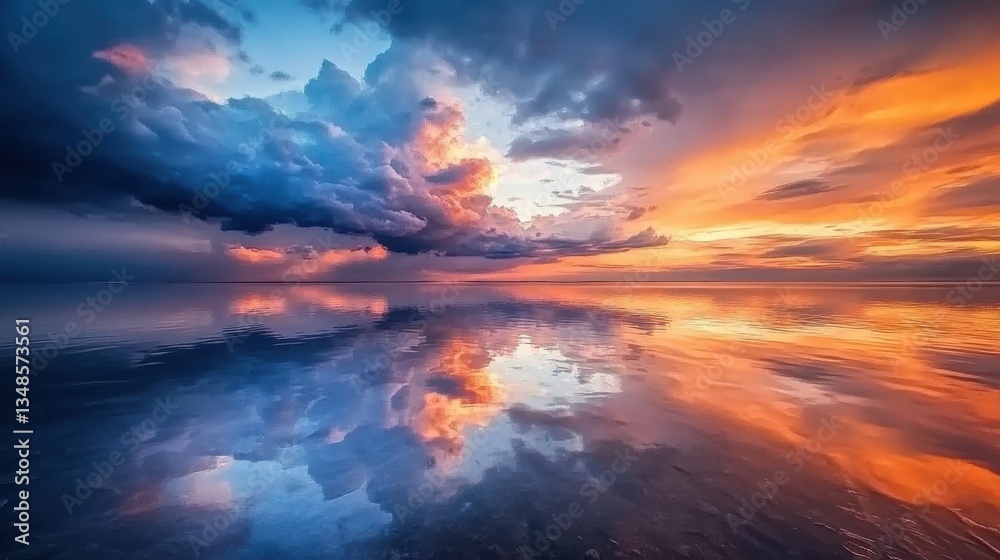Fototapeta premium Breathtaking Sunset Over Calm Water with Dramatic Clouds and Reflections
