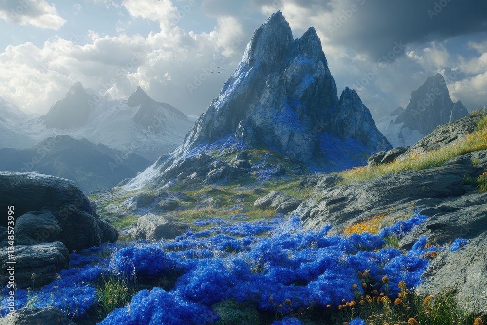 Obraz premium Majestic mountains adorned with vibrant blue flora in a serene landscape under a dramatic sky