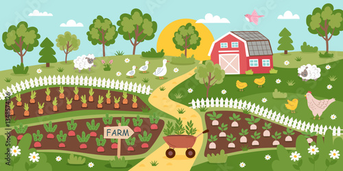 Farming concept banner. Gardening nature background. Farmhouse, planted plants and livestock. Vector illustration in flat style.	