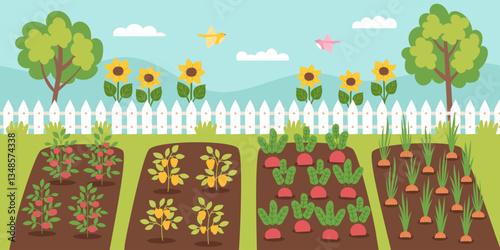 Gardening concept banner. Garden with plants. Nature landscape. Spring and gardening concept. Vector hand drawn background.