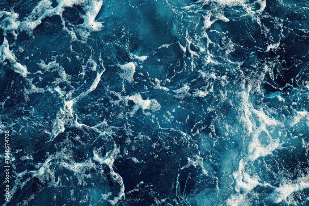 Ocean water surface texture.  Foamy waves, deep blue, intense