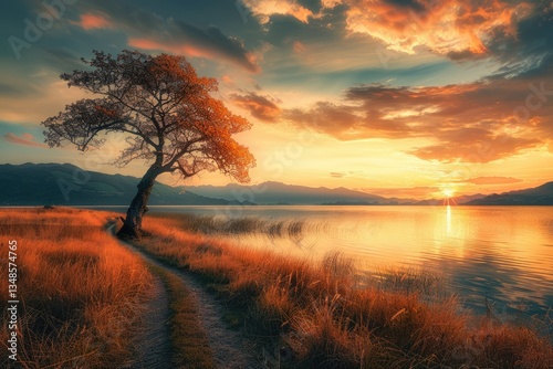 High Definition View of Serene Lakeside Sunset with Solitary Tree and Winding Trail