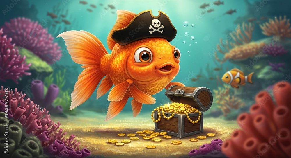 Fototapeta premium Adorable Pirate Goldfish Discovering Underwater Treasure Chest in Vibrant Coral Reef