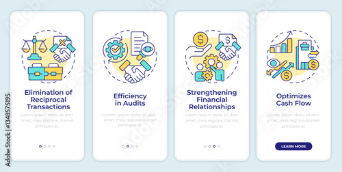 Intergroup accounting transactions onboarding mobile app screen. Walkthrough 4 steps editable graphic instructions with linear concepts. UI, UX, GUI template. Montserrat SemiBold, Regular fonts used