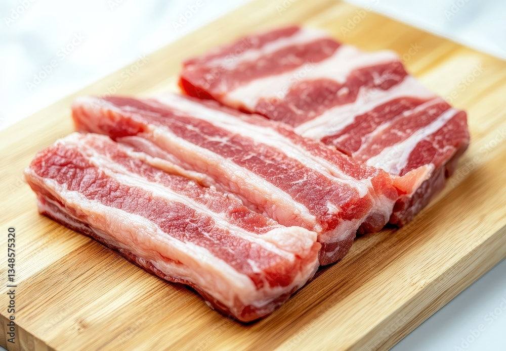 Freshly Cut Pork Belly Slices on Wooden Cutting Board Perfect for Cooking and Meal Preparation in Culinary Arts and Recipe Development Freshly Cut Pork Belly Slices on Wooden Cutting Board Perfect for Cooking and Meal Preparation in Culinary Arts and Recipe Development